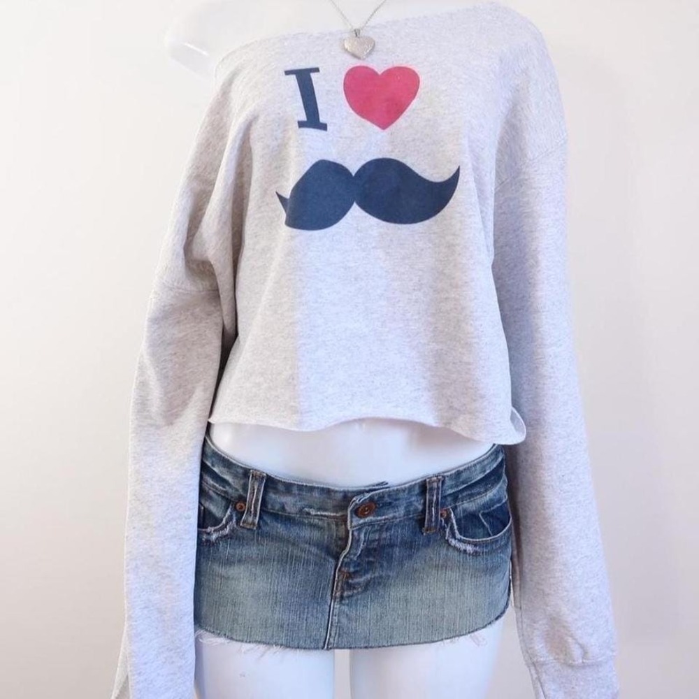2010s i heart mustache cropped sweatshirt off shoulder grey